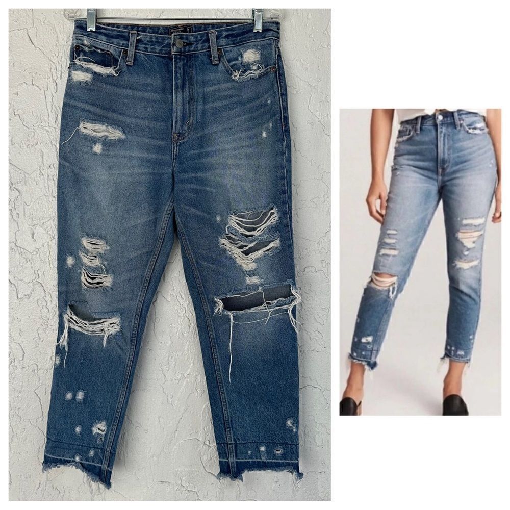ABERCROMBIE Annie High Rise‎ Girlfriend Distressed Jeans Womens 29 Frayed Hem